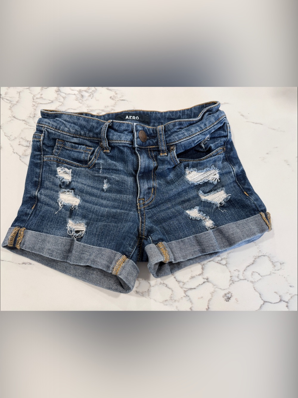 AERO Women's Dark Blue Distressed Rolled Cuff Denim Shorts - Picture 2 of 5
